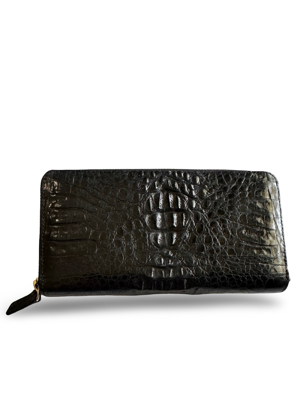 Black Leather Croc-Embossed Zip Around Wallet